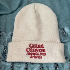 Cream and Red Knit Beanie with Embroidery
